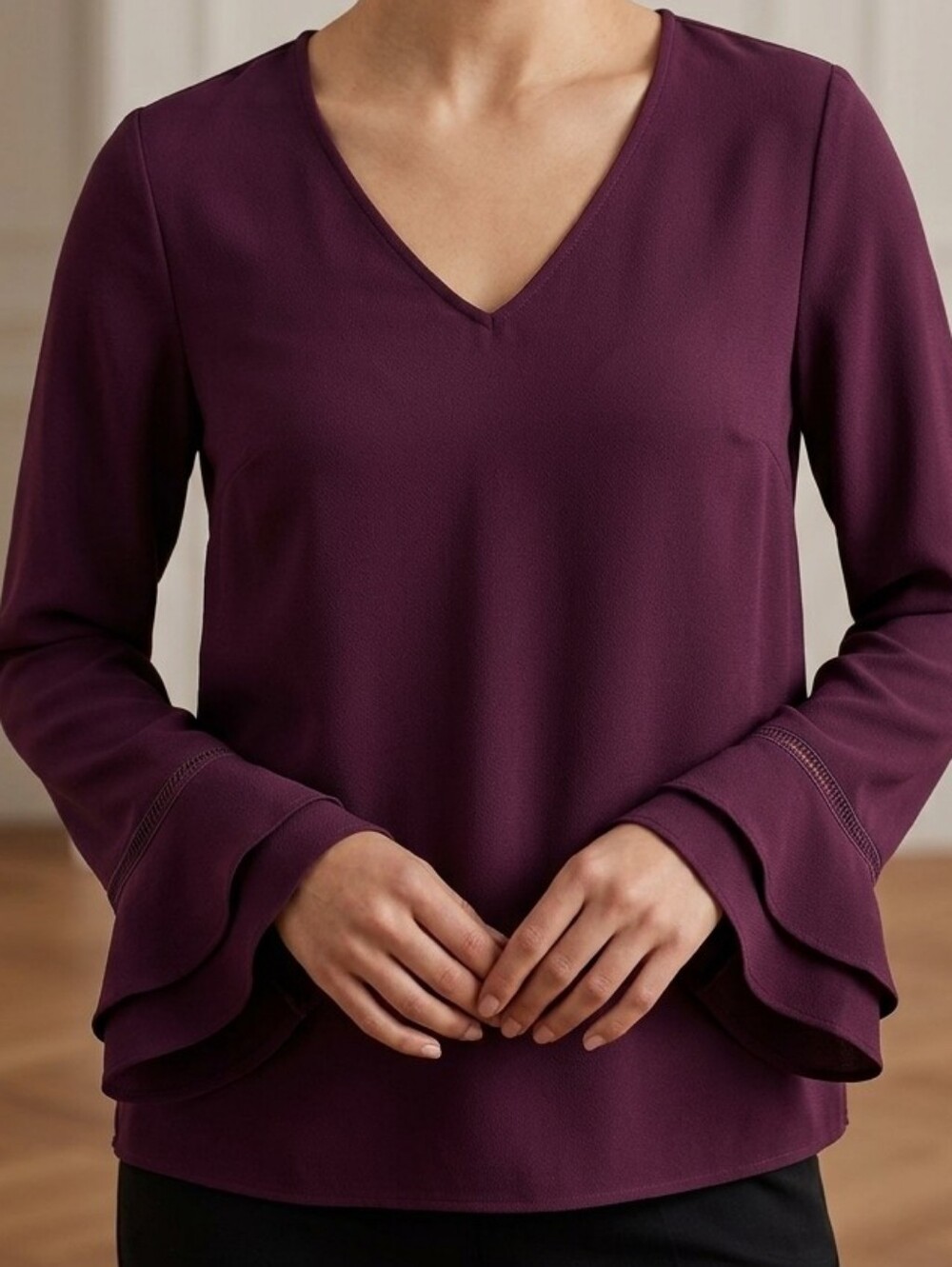 ANN TAYLOR AT Beautifil V-neck Ruffle Bell Sleeve Top Blouse Deep Plum Sz M